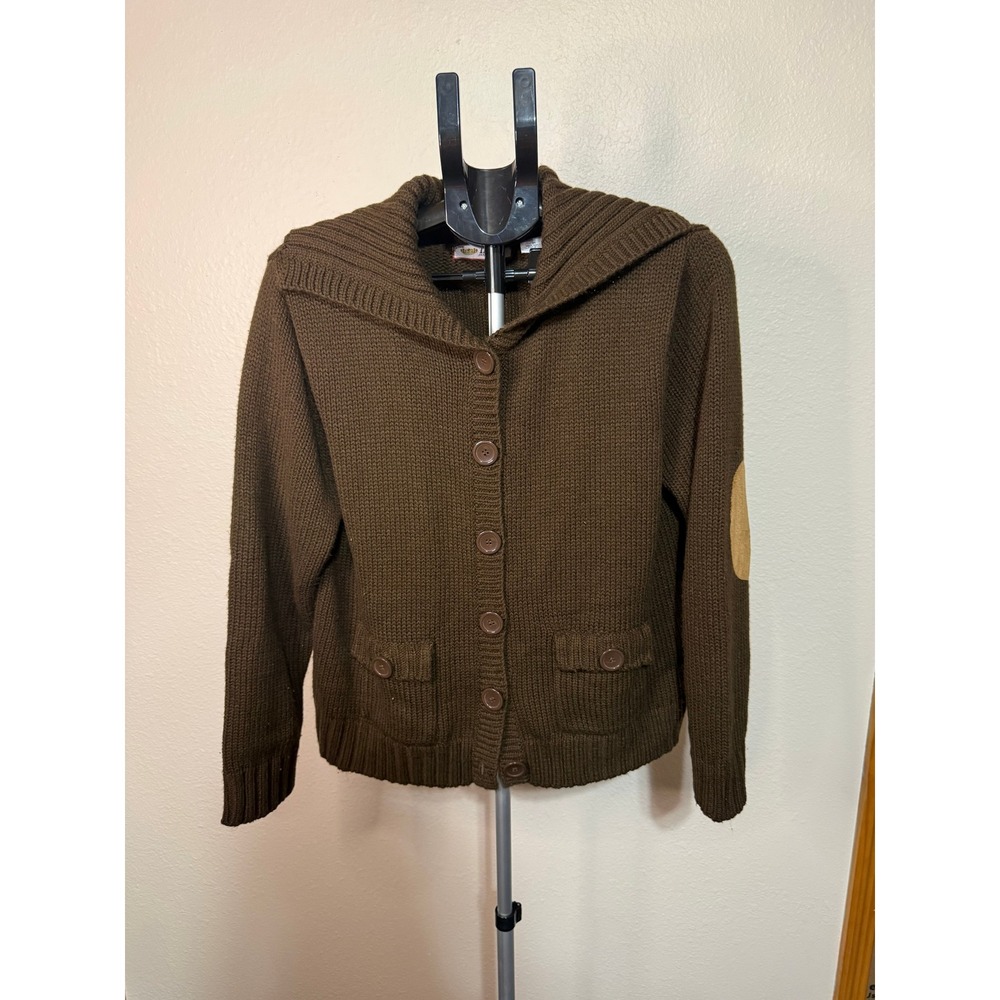 Tiara International Brown Cardigan Sweater XL Elbow Patches Sailor Collar Knit